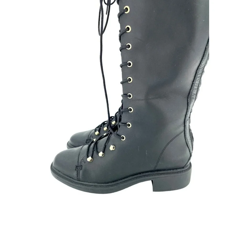 Joie Gryffin Over the Knee Boots Lace Up Buckle Black Leather  EU 36 New